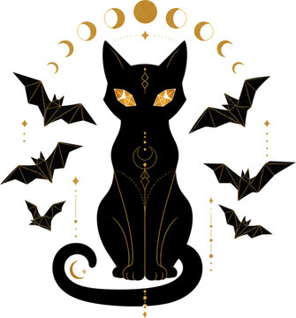 An illustration depicts a mystical black cat surrounded by bats and moon phases in golden hues on a white background