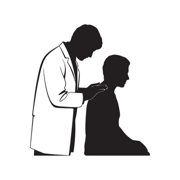 Silhouette of a doctor in a white coat placing a hand on a patient's shoulder in a supportive gesture 