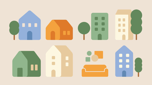 Colorful houses and buildings icons.