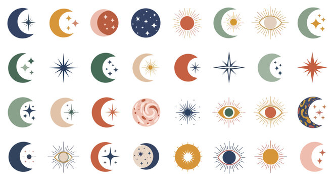 Boho Celestial Elements: Moons, Stars, Sun, and Evil Eye Icons Collection