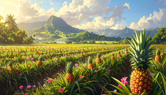 Tropical pineapple farm landscape scene