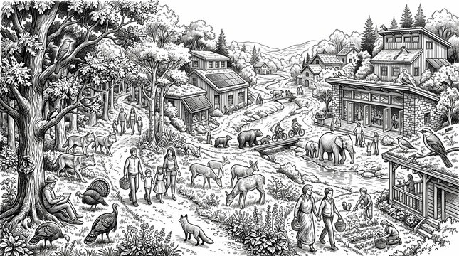 An intricate black and white illustration captures a harmonious village scene where people and diverse animals coexist peacefully within a lush natural environment of forests and mountains.
