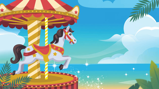 Vintage carousel horse at the beach, colorful carnival merry-go-round vector illustration, summer fairground amusement park background