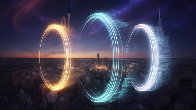 Time visualized as glowing rings around a city, showing past, present, and future simultaneously