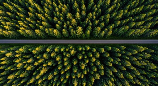 Aerial view of a straight road bisecting a dense green forest canopy at sunrise or sunset