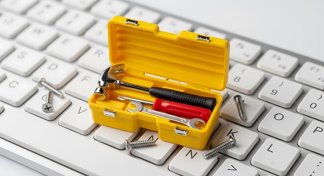 Miniature toolbox on a computer keyboard represents hardware repair and system optimization. Sharp focus on tools with soft bokeh. Perfect for digital repair services marketing.