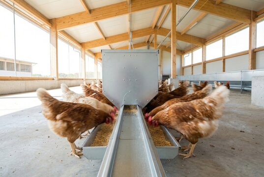 Close view of free-range chickens eating from automated metal feeding trough
