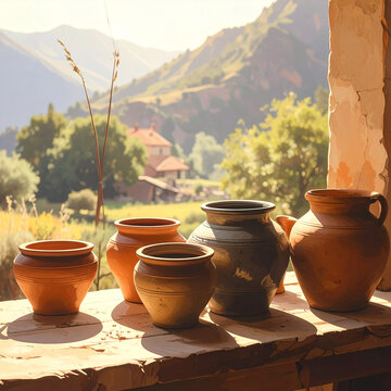 Sunlit clay pots overlooking mountains