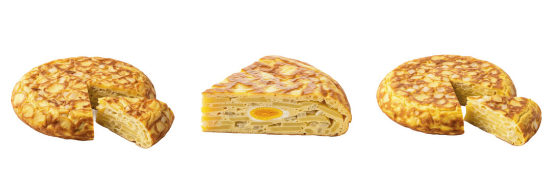 Potato egg omelette tortilla food specimen displaying structural culinary parameters, organic material chemical components, processing features within standard food science reference archive dataset