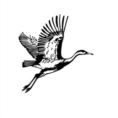 Naklejka premium Black and white illustration of a bird, wings spread, in mid-flight on a white background
