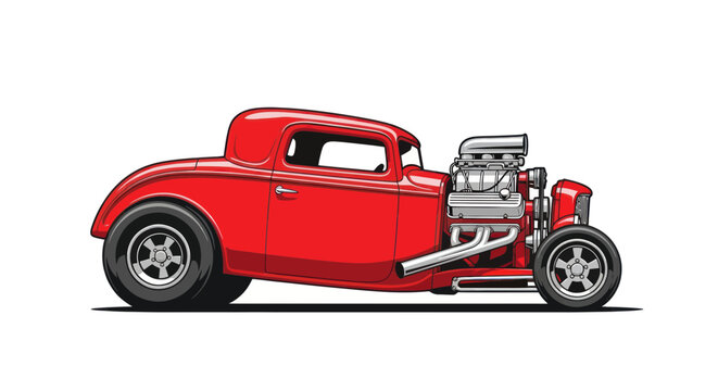 Classic Red Hot Rod Coupe with Exposed Engine and Chrome Details