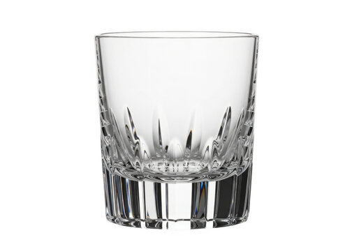 Crystal whiskey glass with decorative cut patterns isolated on transparent background
