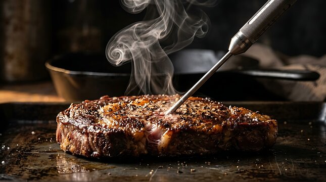 Seared beef steak with meat thermometer and rising steam