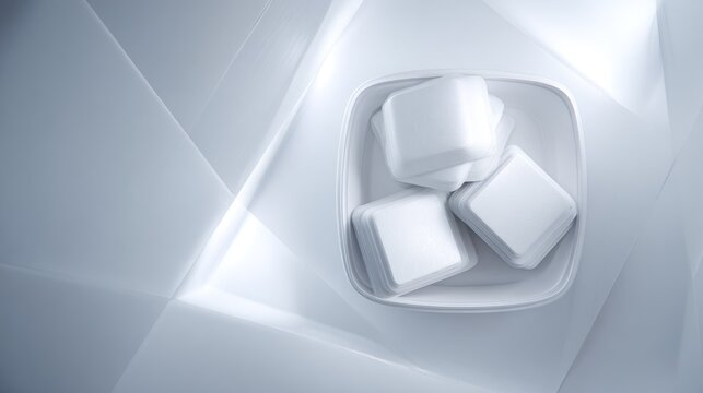 Several smooth, white, square objects rest within a small container against a bright, abstract geometric background.