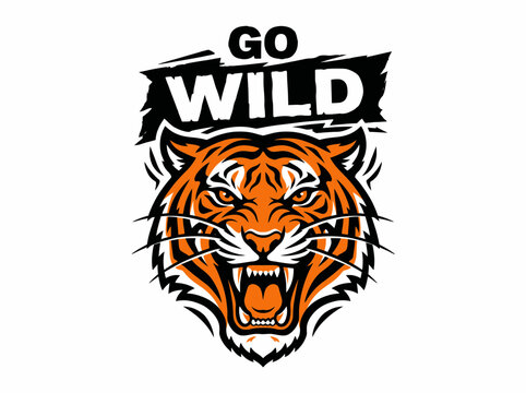 Tiger head mascot logo illustration, go wild text