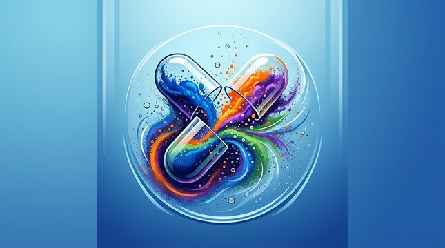 Vibrant powder pouring from open pill capsules into a swirling orb