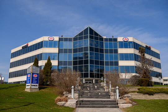 Company logos and signs on building in Toronto, Canada.