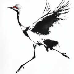 Naklejka premium A crane in mid-flight, rendered in bold black brushstrokes with a touch of red