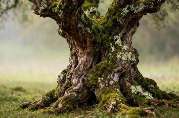 Obraz premium Close-up of a gnarled and mossy tree trunk in a misty and mysterious forested environment