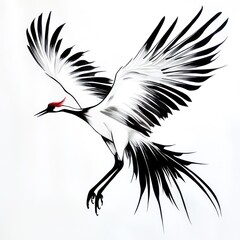 Naklejka premium Elegant ink drawing of a crane in flight against a pristine white backdrop