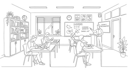 Obraz premium Students and teacher in a modern school classroom setting.