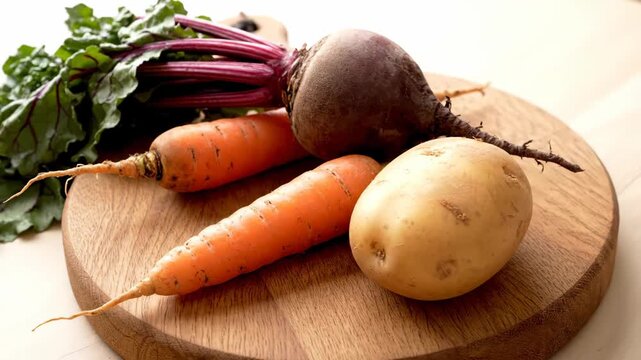 Fresh root vegetables on wooden board with herbs