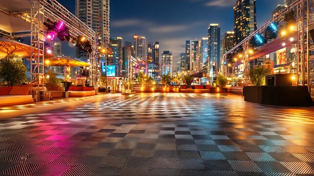 Vibrant urban rooftop patio at night with colorful lighting and cityscape