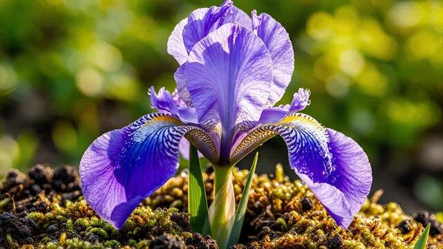 Closeup of a delicate purple iris flower blooming in spring garden.