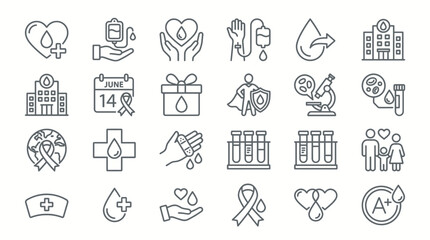 Fototapeta premium Blood Donation Icons Set: Health, Care, Medical, Charity, Help, Science, Life Saving