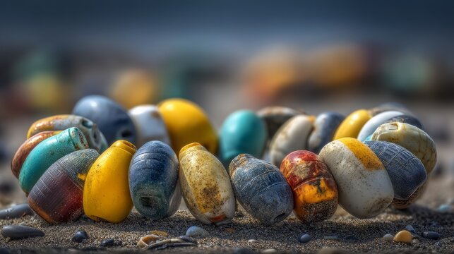 Colorful Fishing Floats Arranged on Beach Sand in Natural Light