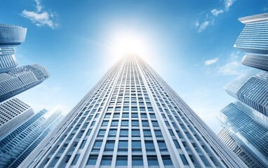 Fototapeta premium Tall Skyscraper Rising Against Clear Blue Sky in Urban Skyline View