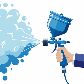 Hand holding a blue spray gun spraying blue liquid