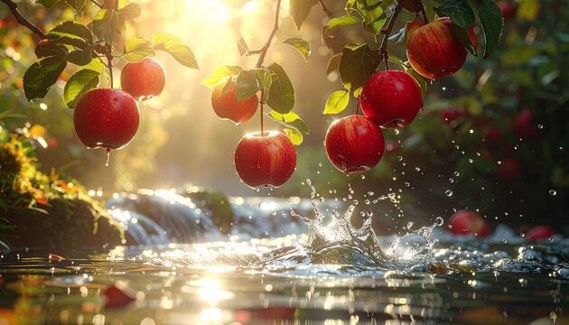 Fresh red apples splashing water