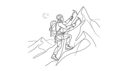 Fototapeta premium Mountain climber reaching snowy peak under crescent moon.