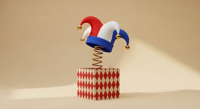 Jester hat emerging from a harlequin spring box featuring vibrant primary colors and soft shadows. This clean composition is ideal for April Fools day or surprise themed marketing.
