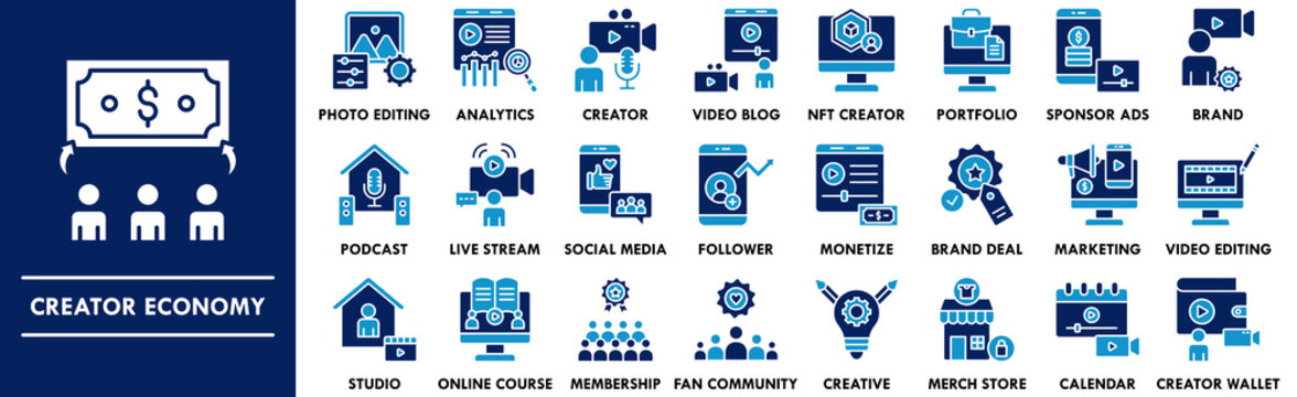 Creator Economy duotone icon collection set. Containing design economy, business, content, online, creator, digital