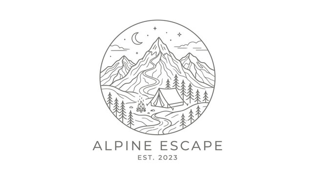 Mountain landscape illustration in a circle with tent icon.