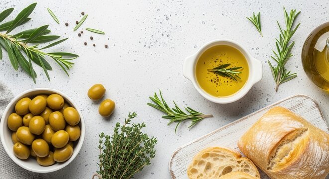 Fresh Ingredients for Mediterranean Cooking: Olive Oil, Herbs, and Crusty Bread
