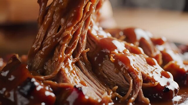Deliciously Tender Pulled Pork Smothered in BBQ Sauce.