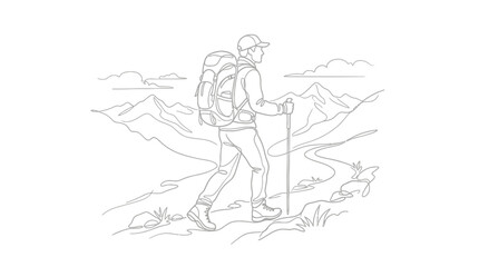 Obraz premium Male hiker walking through mountain landscape line art.
