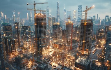 Obraz premium Urban cityscape construction site with skyscraper buildings and crane lights