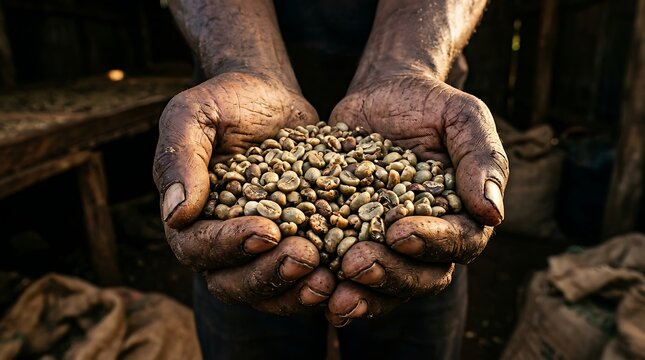 Hands holding raw green coffee beans after a harvest