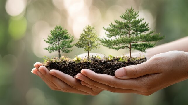 Human hands gently cradle a small mound of earth supporting three growing saplings