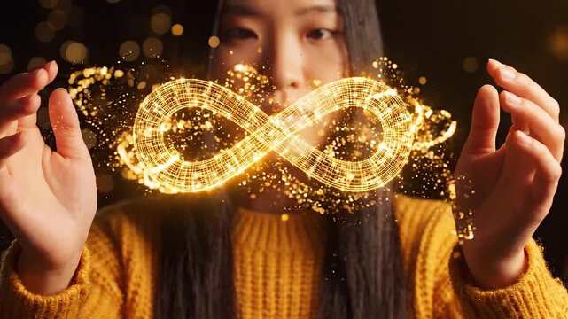Young woman holding a glowing golden infinity symbol in her hands