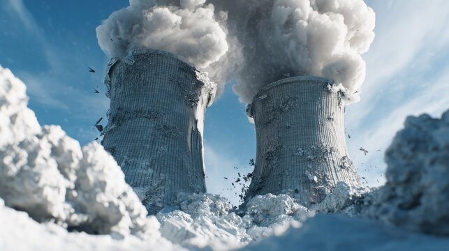 Massive industrial cooling towers release thick plumes of vapor under a clear sky during apparent collapse