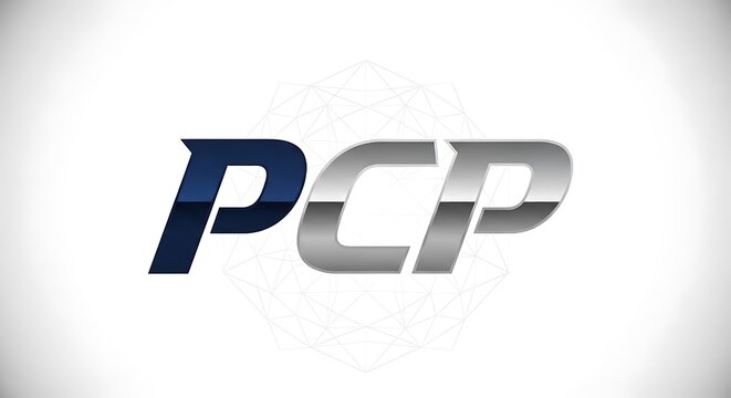 PCP chrome lettering featuring a polished silver and deep blue gradient. Studio lighting highlights reflective surfaces against a bright background for corporate identity marketing.