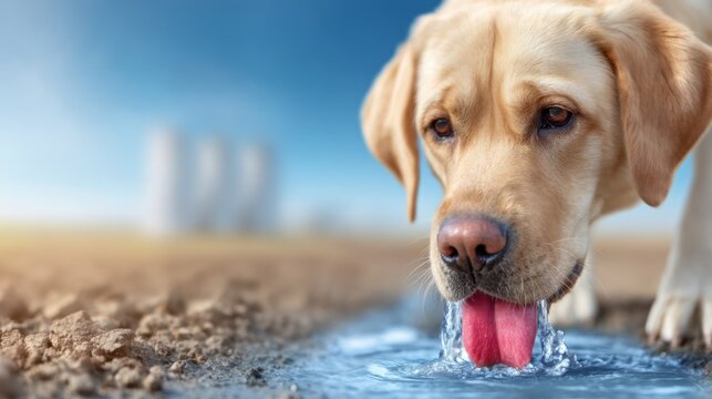 Dog Drinking Water from Shallow Puddle on Dirt Ground Outdoors