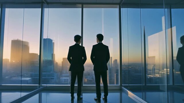 Two businessmen in suits standing in a modern office with city skyline view