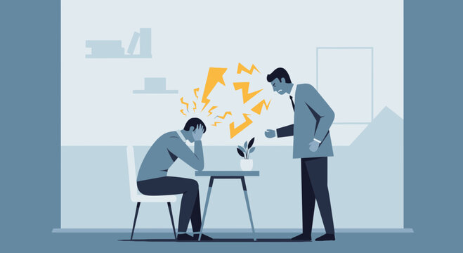 Boss Yelling at Sad Employee, Stressful Workplace, Conflict and Anxiety