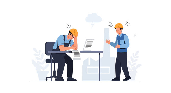 Two construction workers arguing at a desk in an office, one stressed and one angry.
